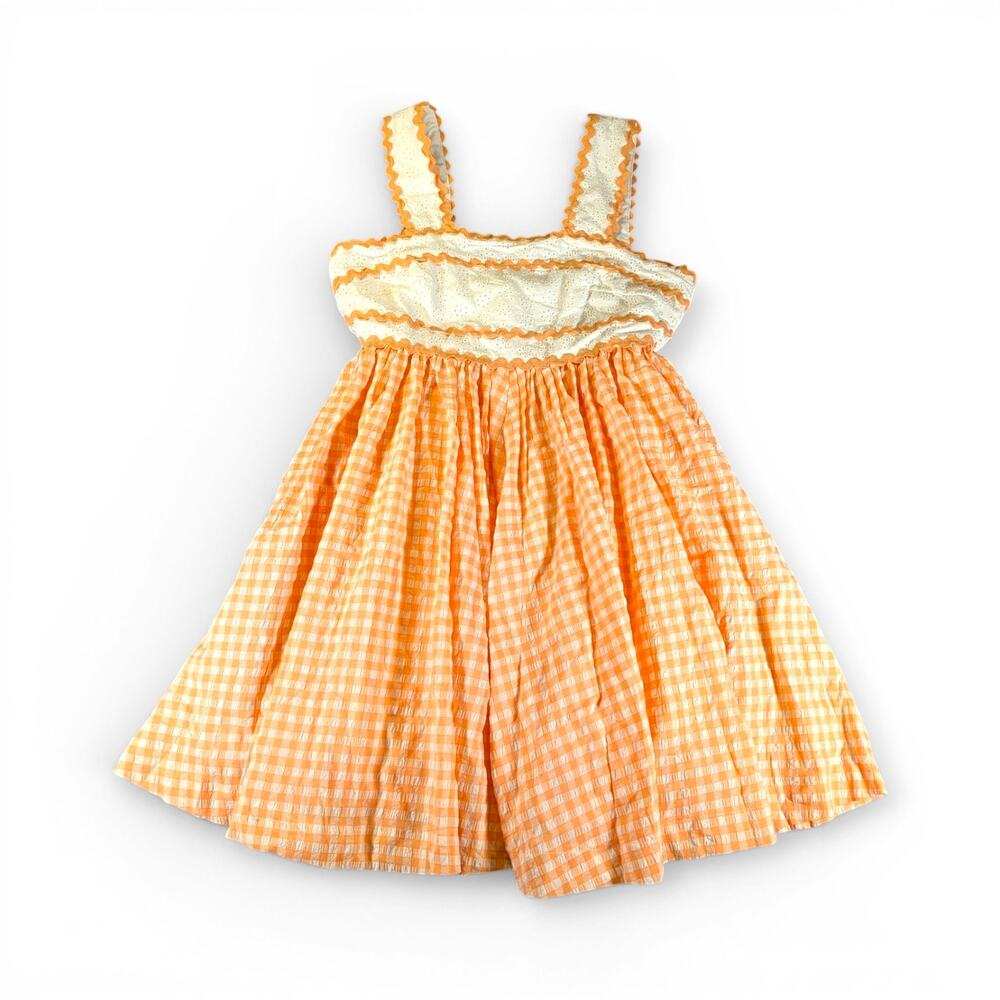 Mable Orange Gingham Eyelet Ric Rac Babydoll Dress Cottagecore Women Size M
